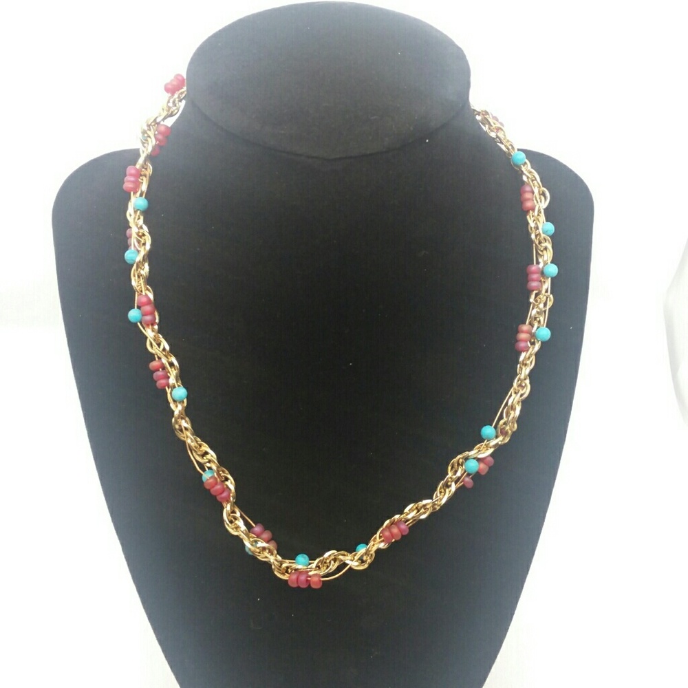 Monet Gold-Tone Necklace W/ Red&Blue Beads